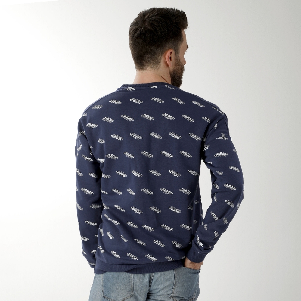 Adidas Favorite Trefoil Tech Indigo Blue All Over Print Logo Sweatshirt Sweater - Picture 4 of 14